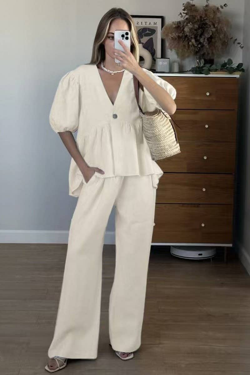 CWSTB00376_V-NECK PUFF SHORT-SLEEVED LACE-UP TROUSERS SUIT