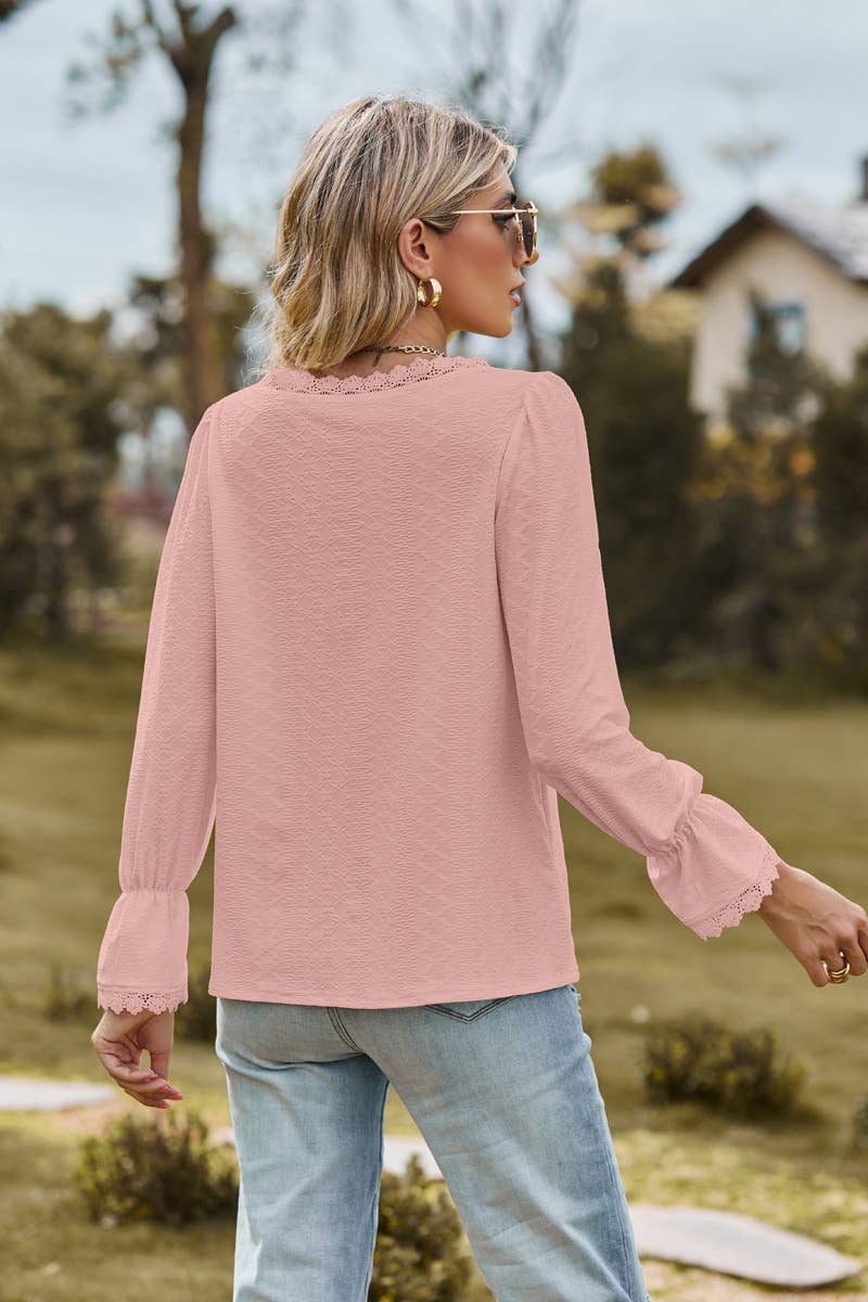 CWTBLL2710_STYLISH V-NECK LACE PATCHWORK LONG-SLEEVED TOP