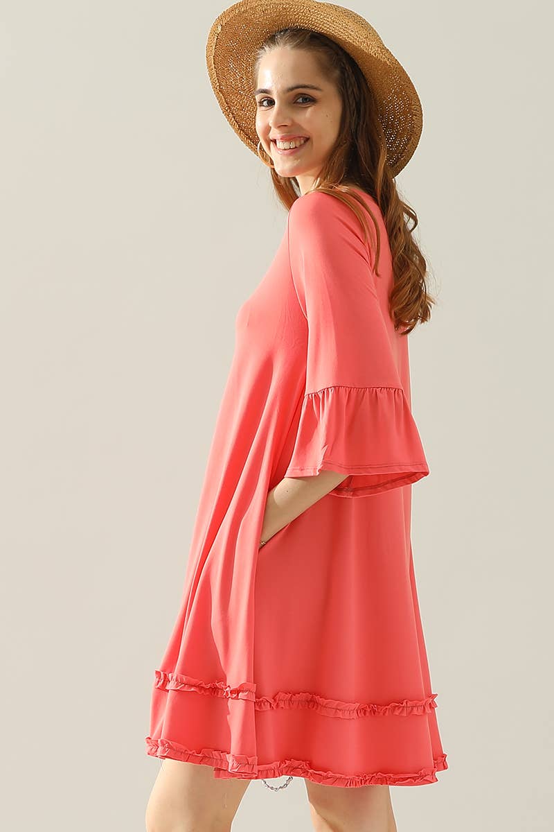 CWDSD10414_3/4 SLEEVE TIERED DRESS WITH SMALL RUFFLE DETAILS