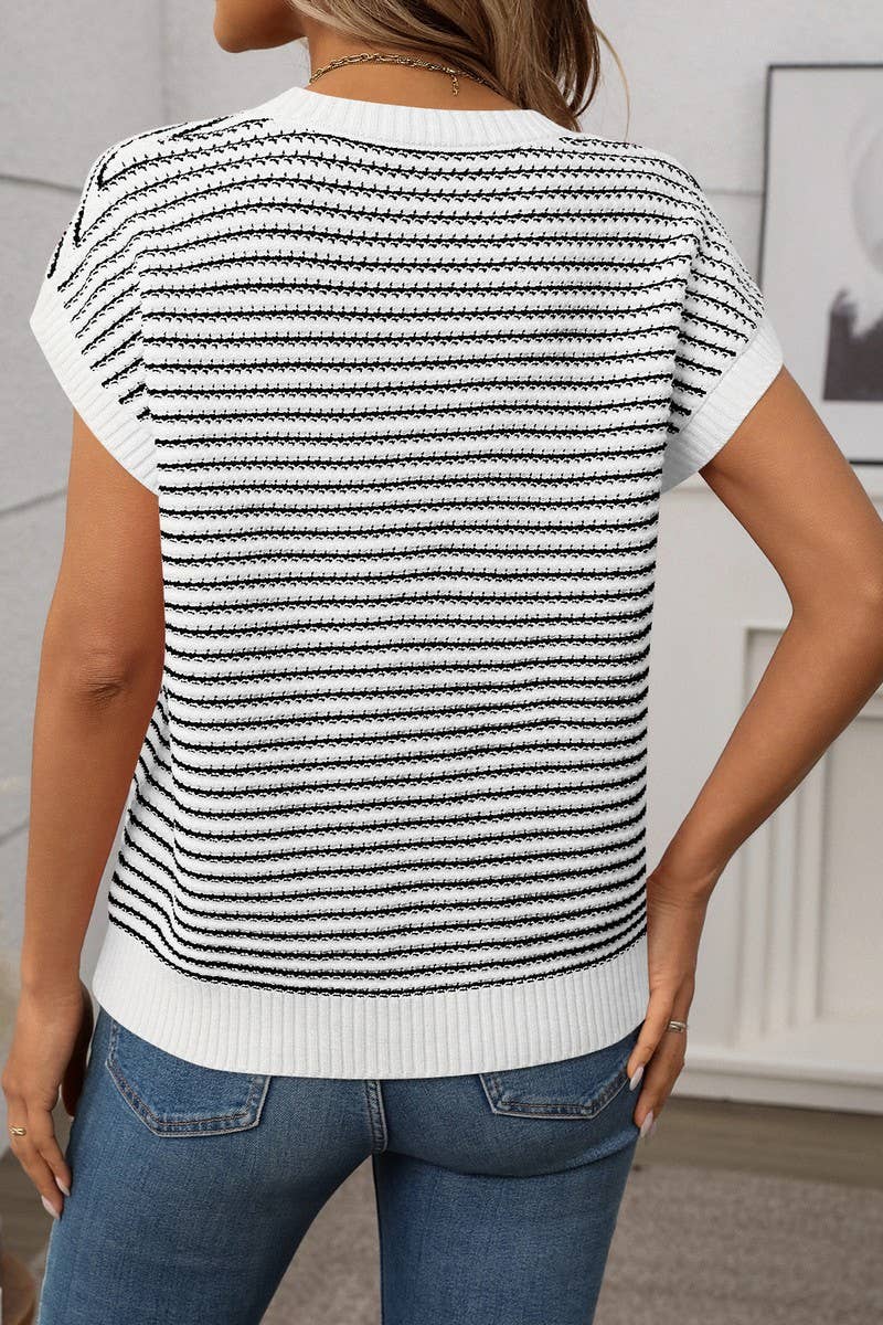 CWOSWS0130_ROUND NECK SHORT SLEEVE STRIPED CONTRAST KNIT TOP