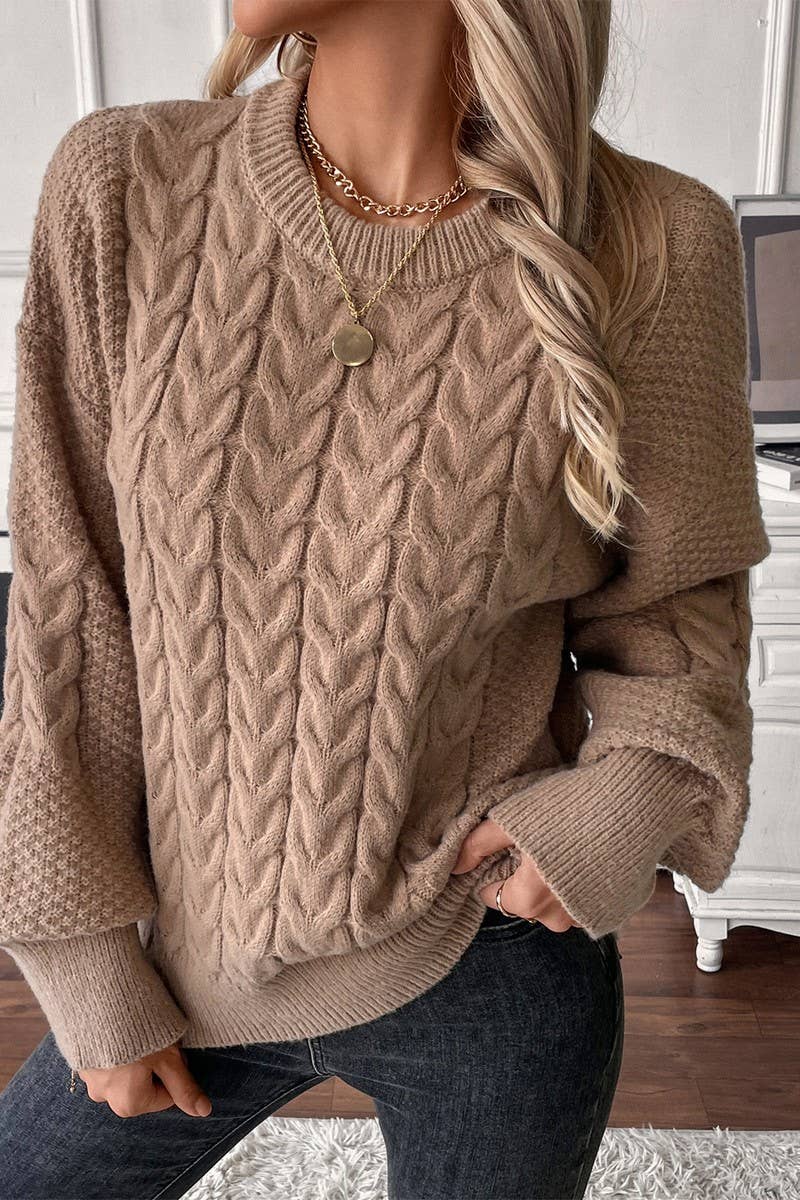 CWOSWL07456_CREW NECK SOLID CABLE KNIT LOOSE SWEATER