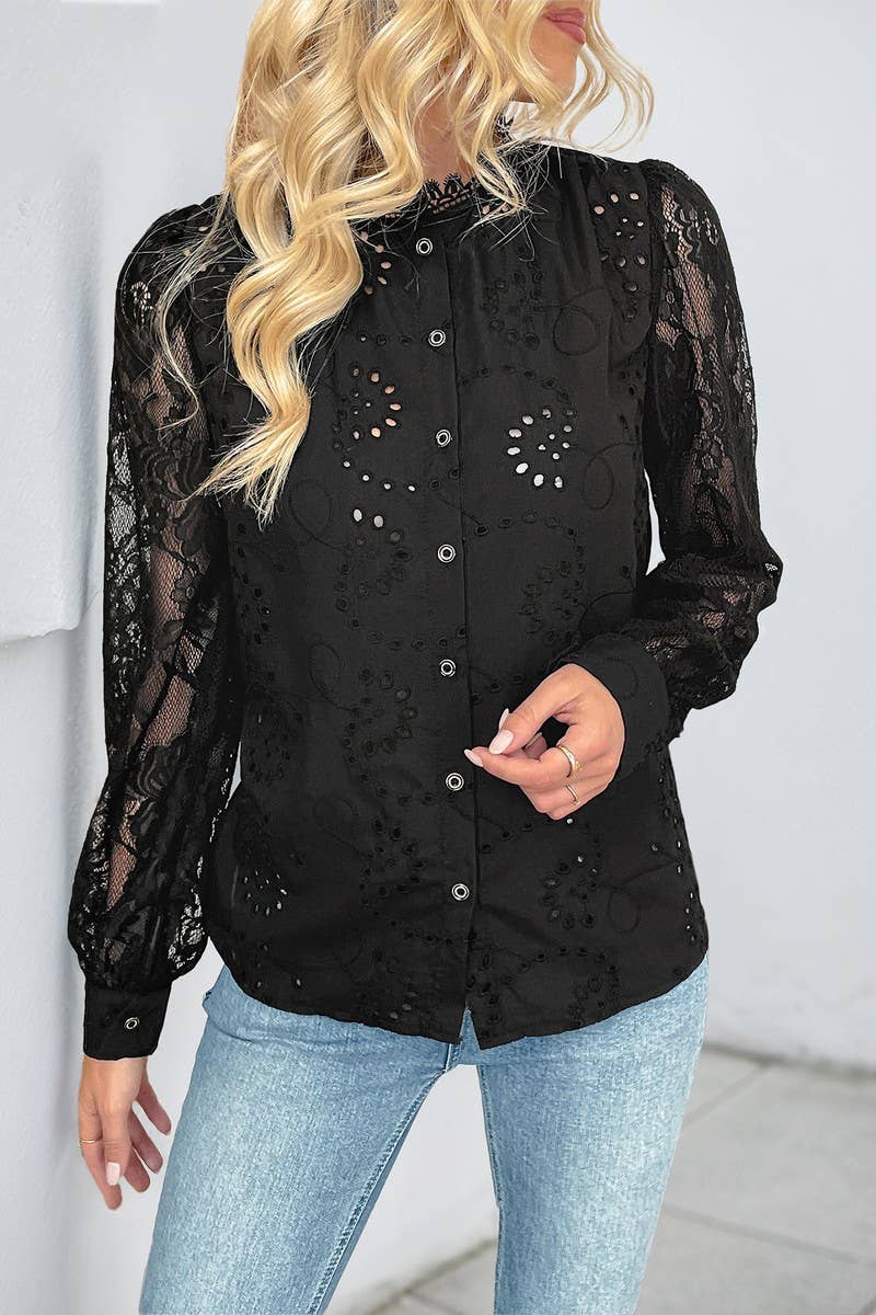 CWTBLL4076_SOLID LACE INSERT ELEGANT SHIRT BLOUSE