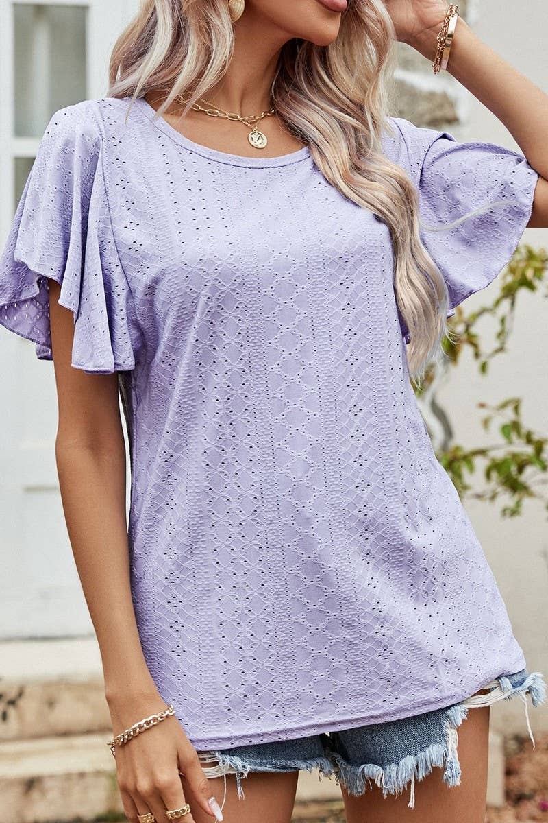 CWTBLS0359_Round neck Ruffle Sleeve Blouse