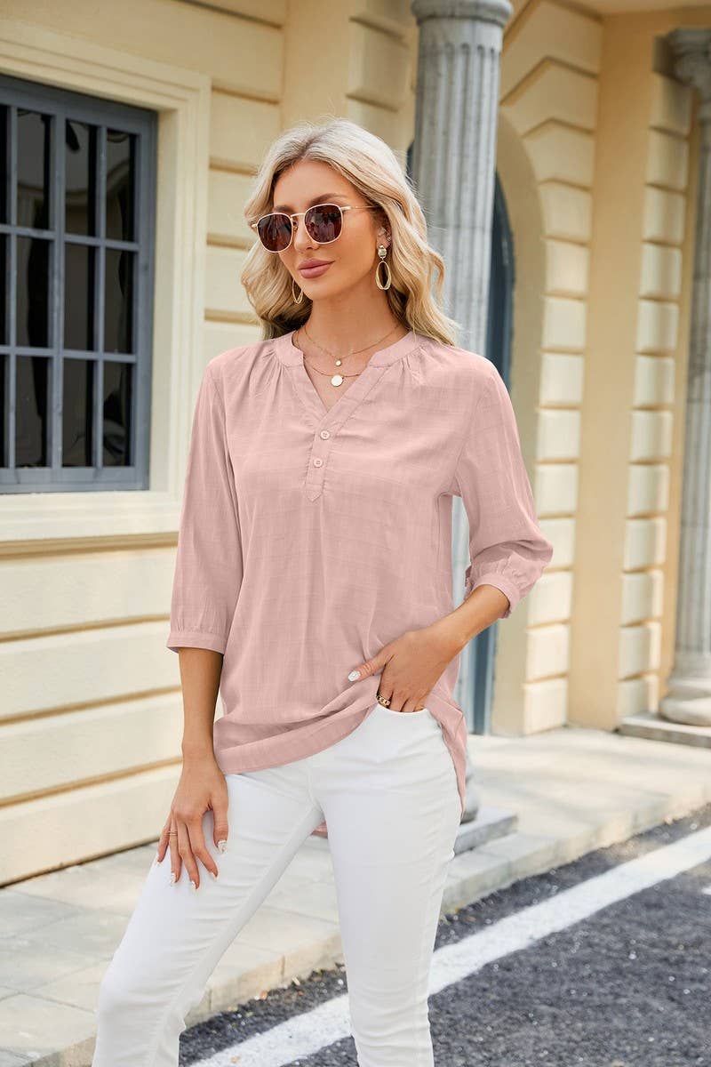 CWTTS0829_3/4 Sleeve V Neck Knit Top