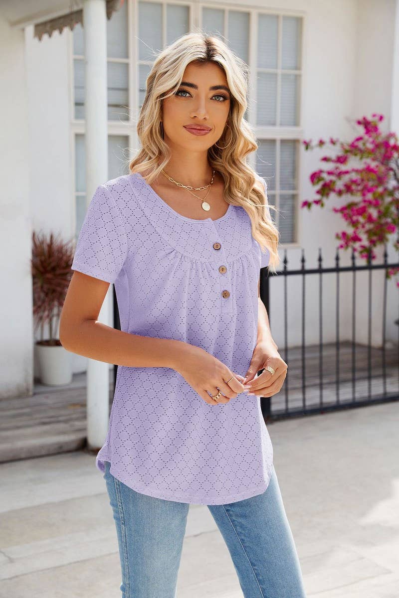 CWTBLS0435_Round Neck Short Sleeve Blouse