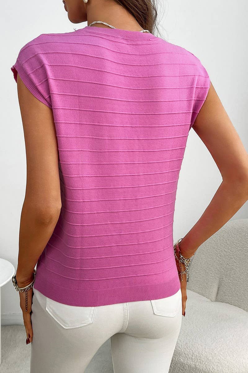 CWTBLS2258_STRIPED KNIT SHORT SLEEVE POCKET PULLOVER SWEATER