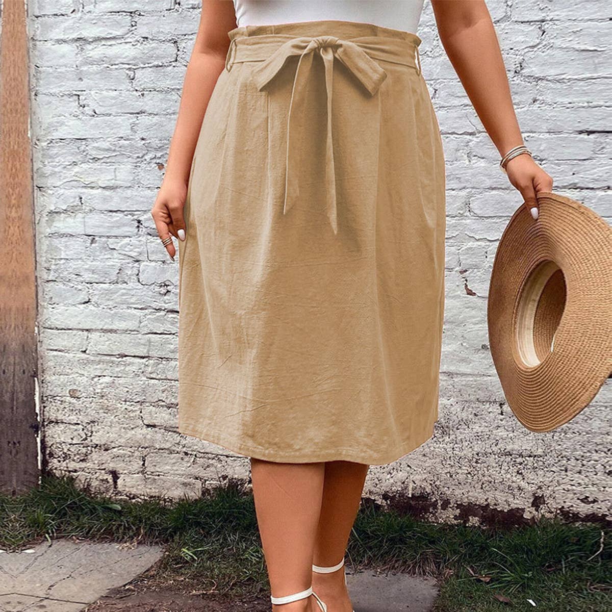 ELASTIC WAISTBAND MID LENGTH KHAKI SKIRT_CWBMS0103