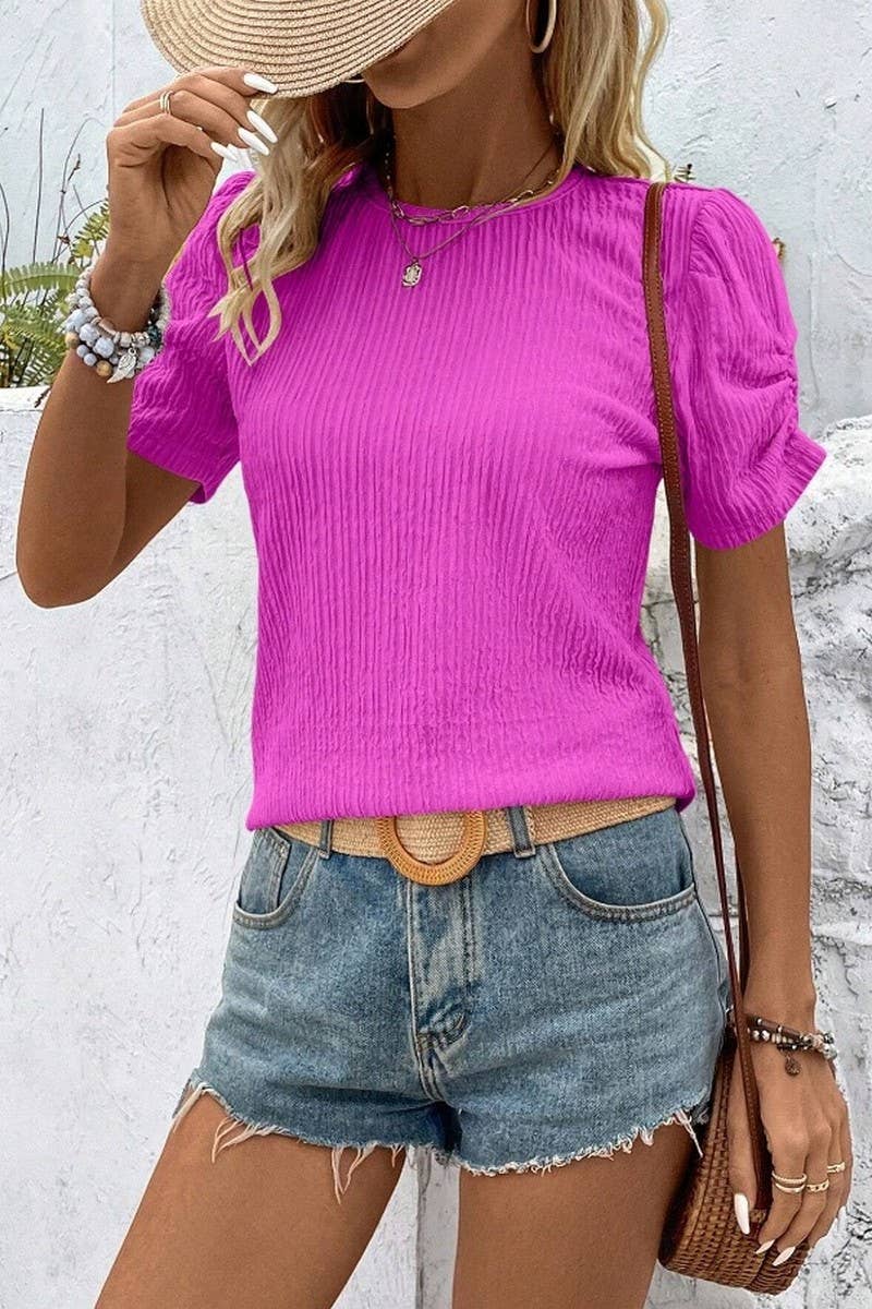 CWTBLS2262_RUCHED CREW NECK SHORT SLEEVE T-SHIRT