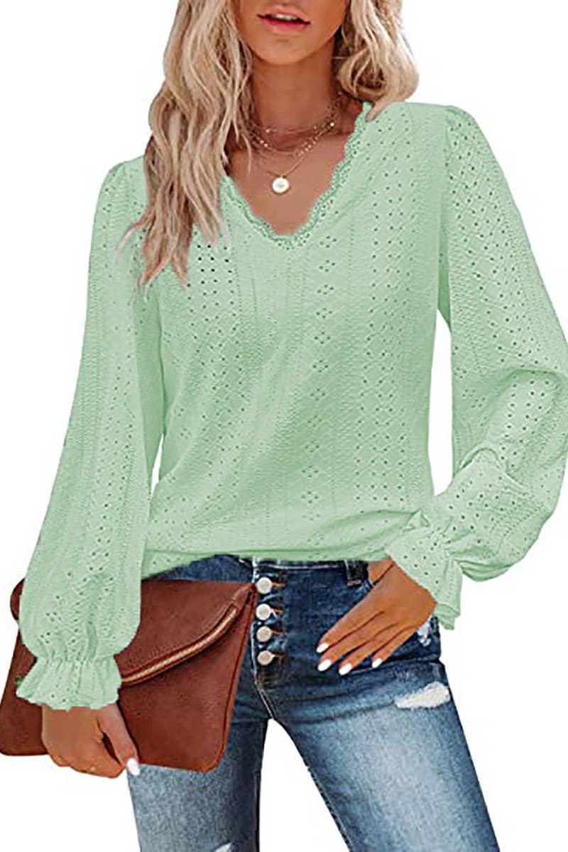 CWTBLL1046_V-NECK SOLID COLOR HOLLOW CASUAL LONG-SLEEVED TOP