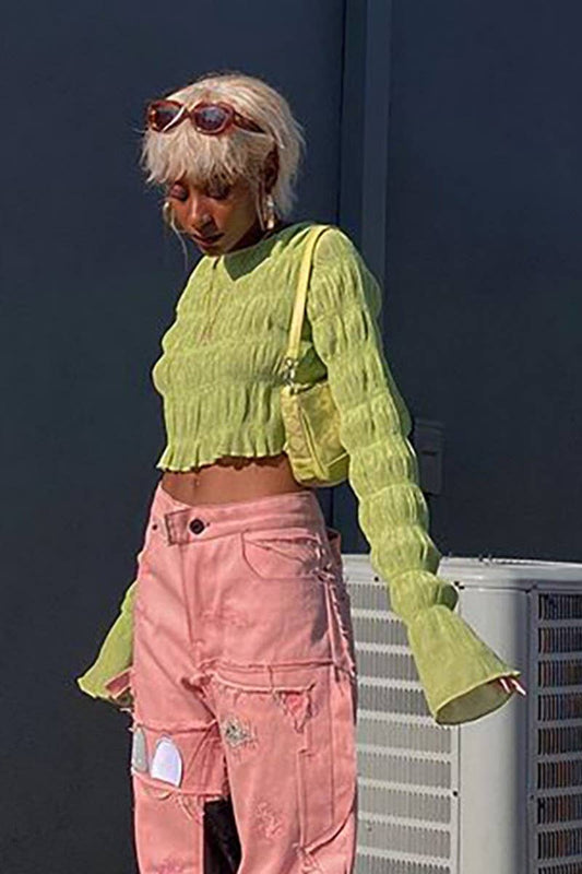 CWTBLL3445_SOLID COLOR RUFFLED CREW NECK LONG SLEEVE TOP