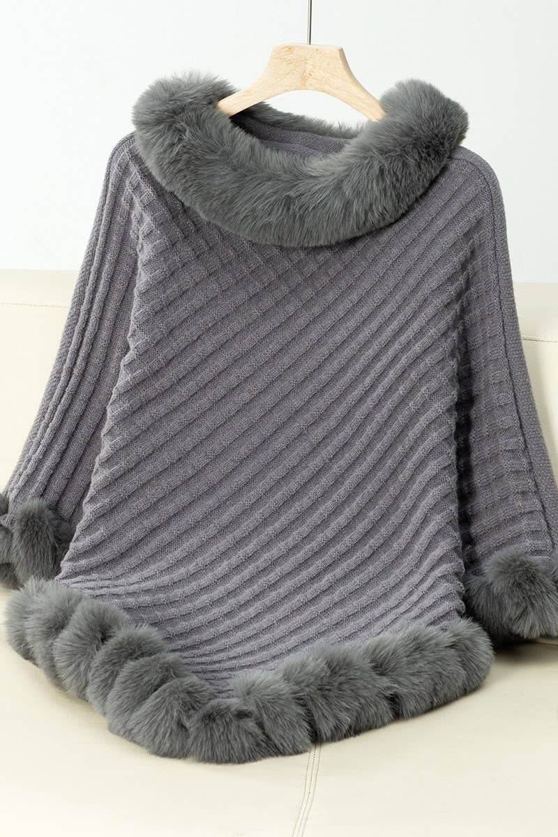 CWOCAS0045_THICK FUR COLLAR VINTAGE PLAID KNITTED CAPE SHAWL