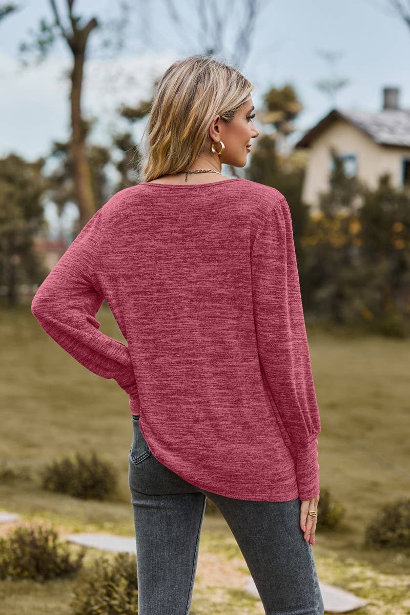 CWTBLL3688_SOLID COLOR ROUND NECK LOOSE CASUAL LONG SLEEVE T