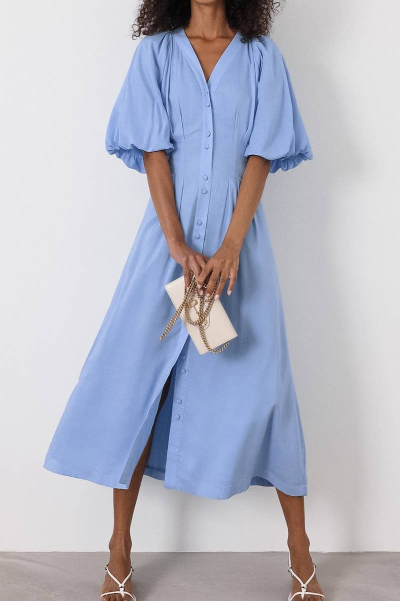 CWDMD6089_LINEN COTTON V NECK PUFF SLEEVE SLIM DRESS