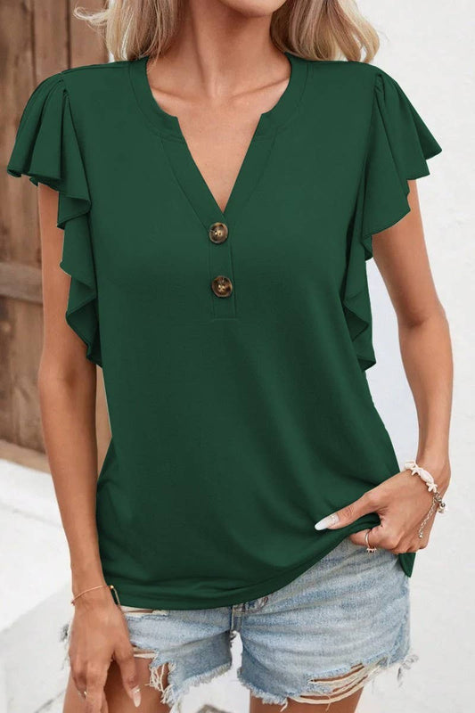 CWTBLS2310_SOLID V-NECK RUFFLE SLEEVE SHORT SLEEVE TOP