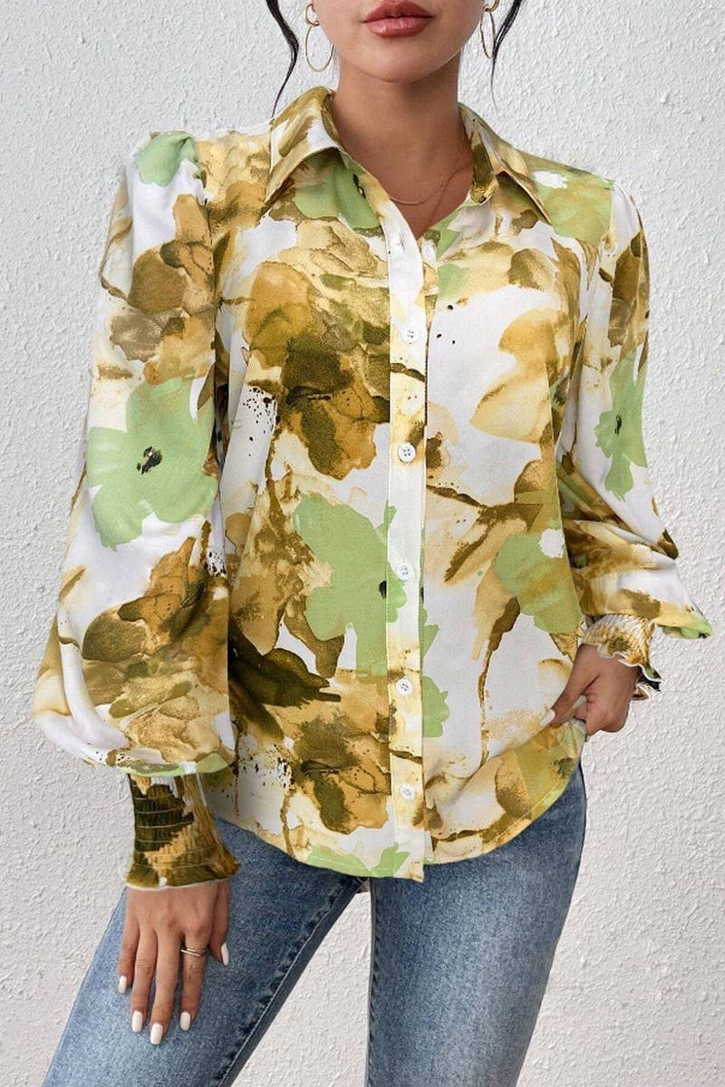 CWTSTL2885_PRINTED COLLARED PUFF SLEEVE LOOSE FIT SHIRT