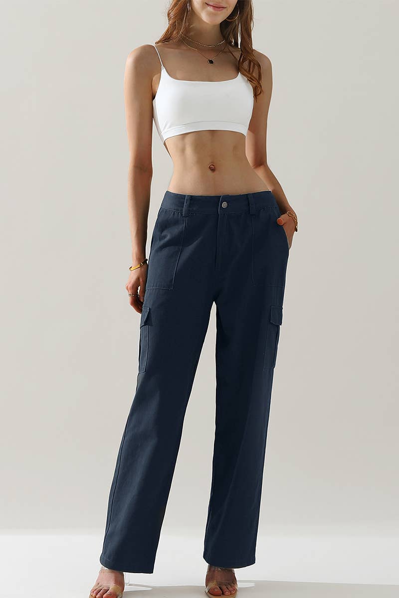 CWBLP421_Cargo Cotton Pants Wide Leg Casual Pants 4 Pockets