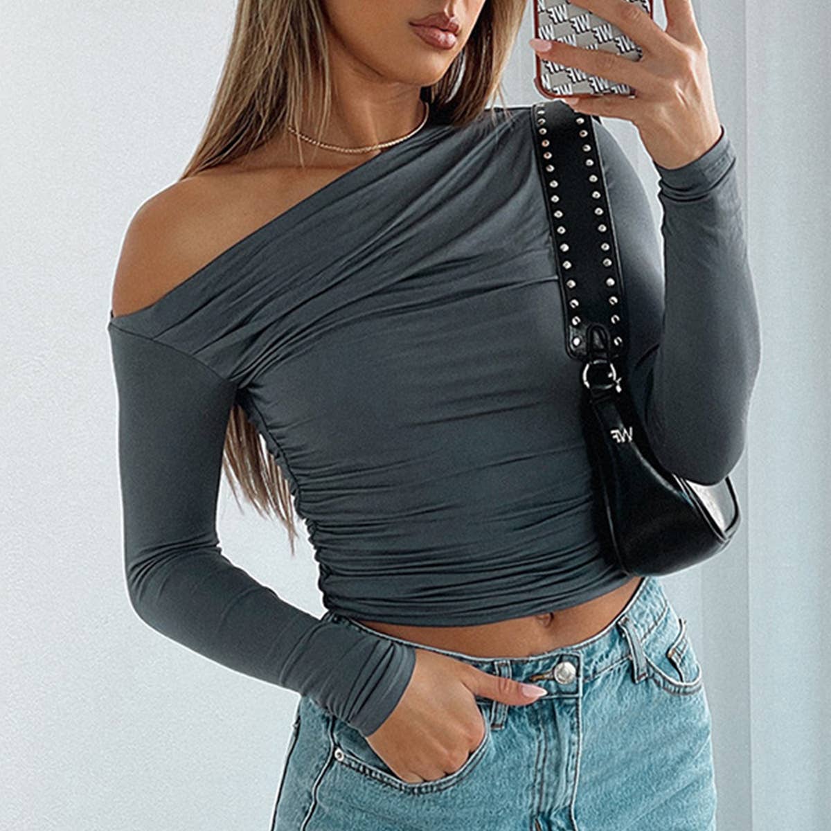 DIAGONAL SHOULDER ASYMMETRICAL SOLID COLOR TOP