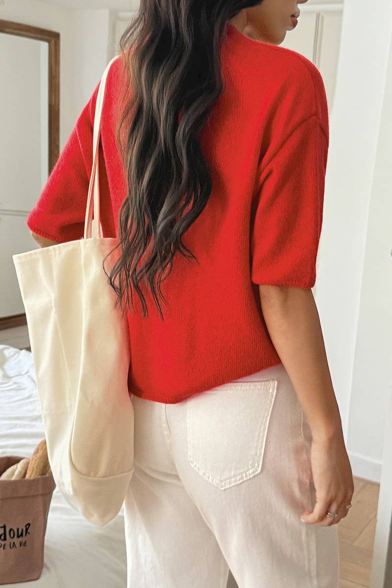 CWOSWS00158_SOLID COLOR SHORT-SLEEVED PULLOVER KNITTED TOP