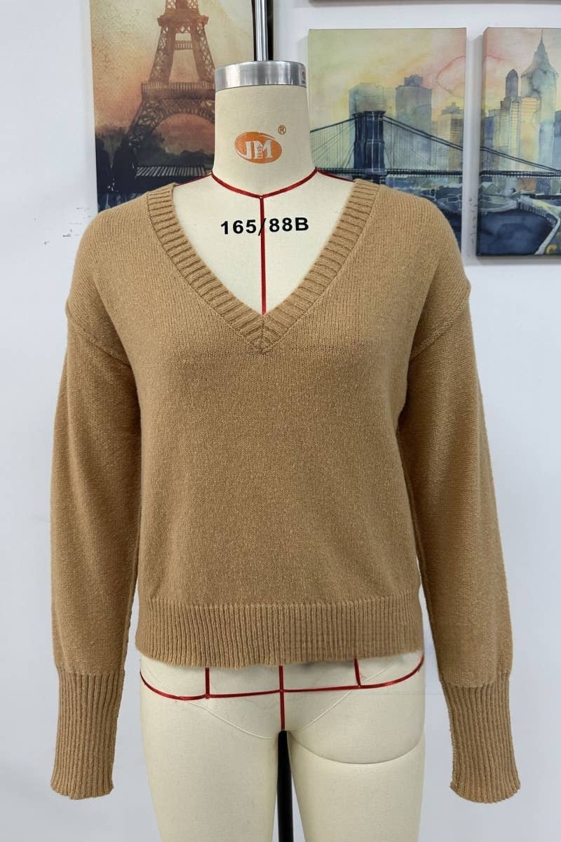 CWOSWL606  Long Sleeve Casual V-Neck Pullover Sweater