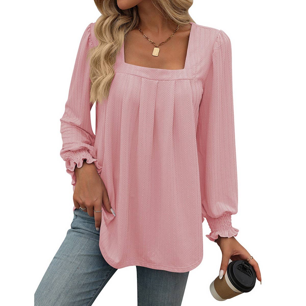 Casual square neck pleated long sleeve T-shirt
