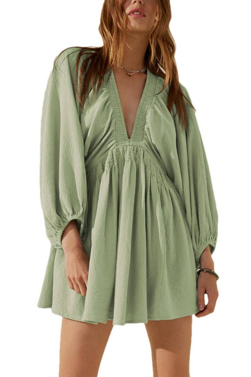 CWDSD8849_V-NECK LONG SLEEVE A-LINE PLEATED DRESS