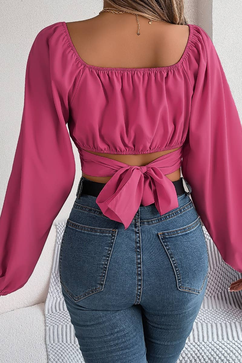 CWTBLL0940_SUMMER LANTERN SLEEVE CHIFFON WAIST CROP TOP