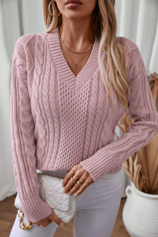 CWOSWL2813_V-NECK CABLE KNITTED PULLOVER CASUAL SWEATER