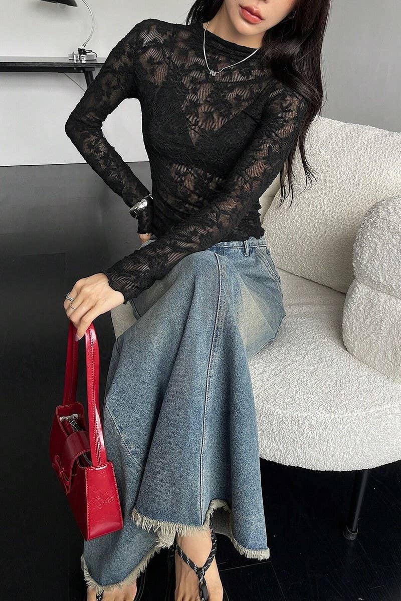 CWTBLS1536_STAND COLLAR SHEER LACE BODYCON LONG SLEEVE TOP