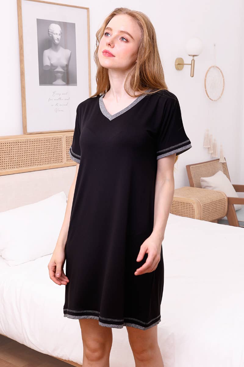 CWDSD10385_V-NECK SHORT SLEEVE SLEEPWEAR DRESS