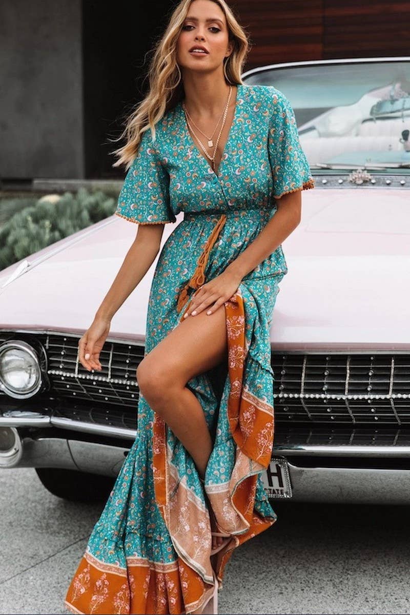 CWDMD01239_V NECK BOHEMIAN PLACEMENT PRINT DRESS