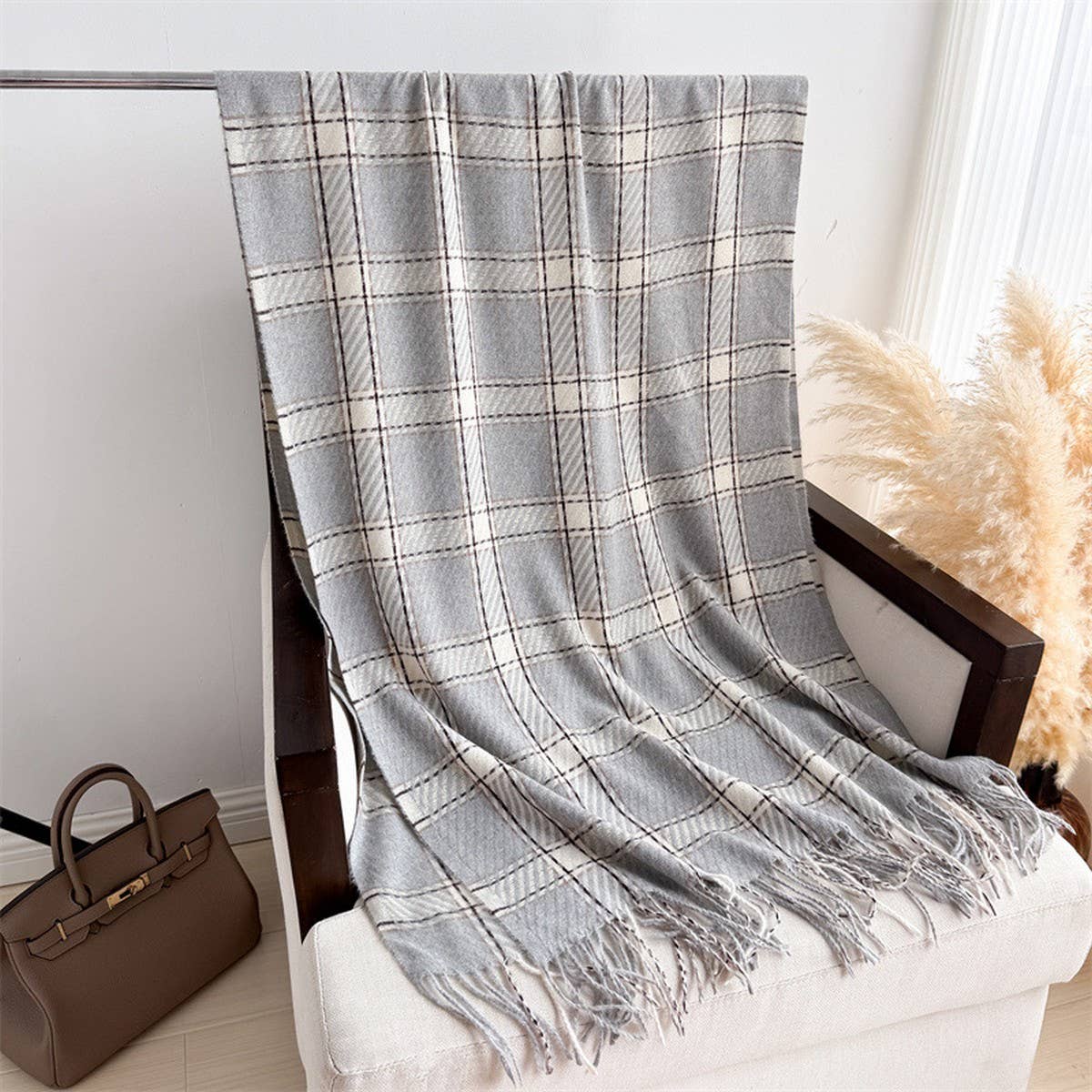 Aesthetic Plaid Fringe Scarf for Fall Winter_CWASC2767