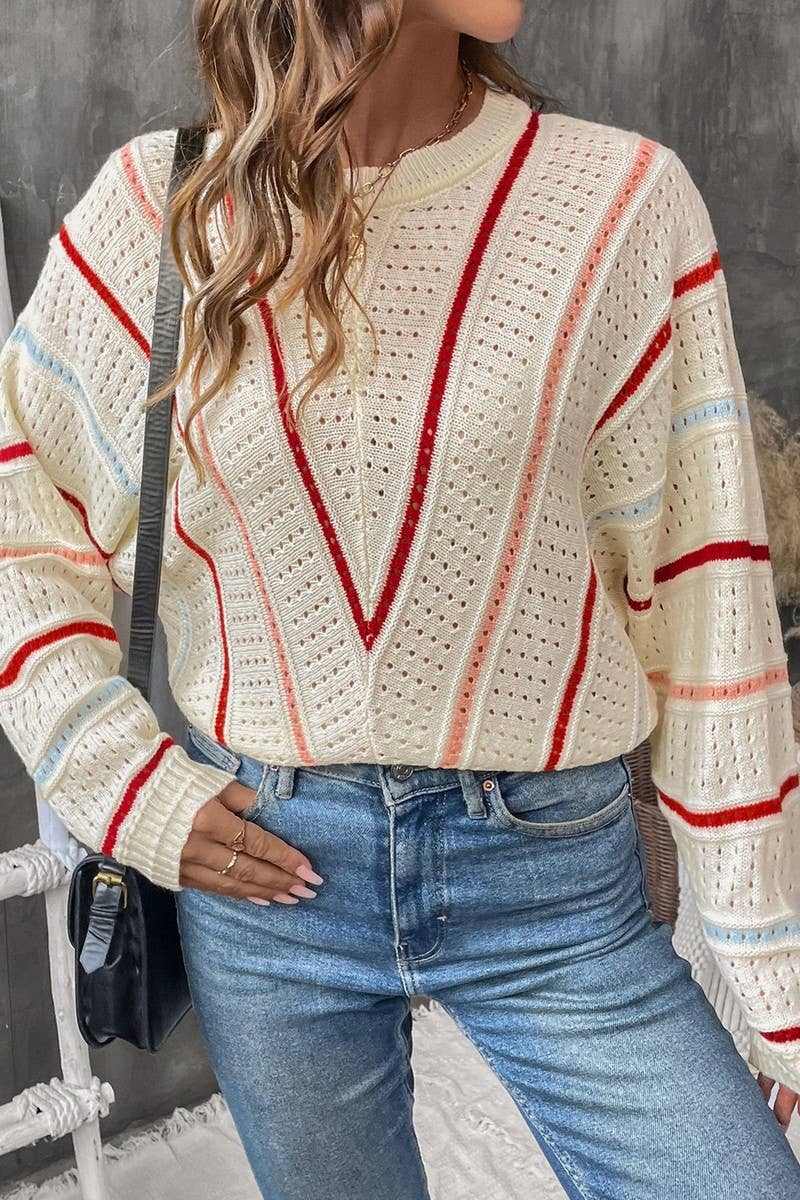 CWOSWL3837_COLORFUL STRIPED CREW NECK SWEATER