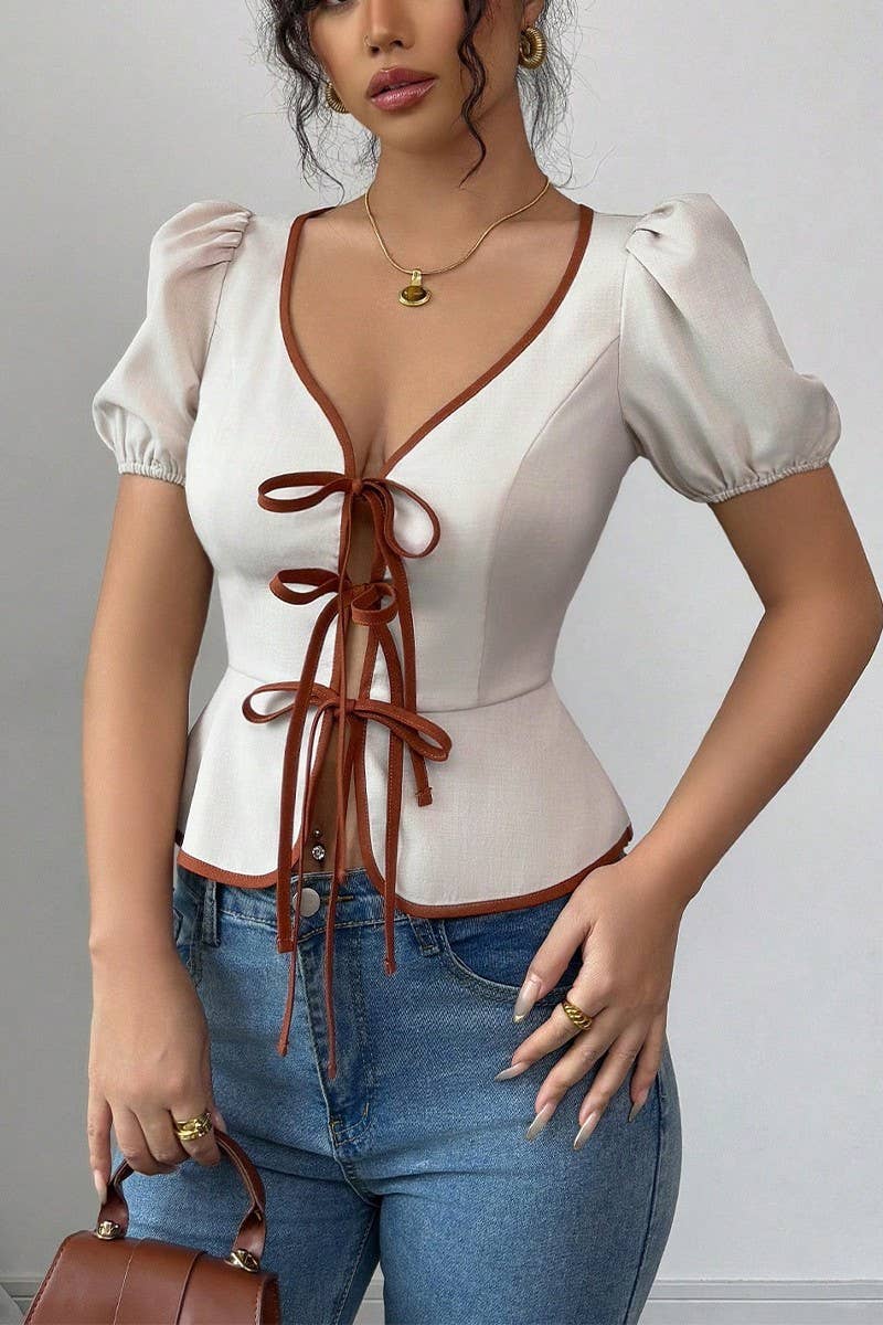 CWTBLS2020_V-NECK TIE FRONT FITTED SHORT SLEEVE SHIRT