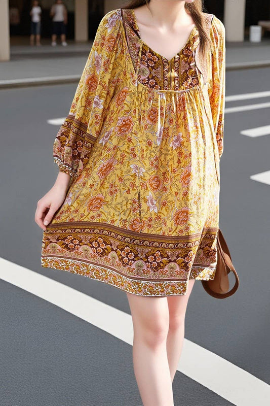 CWDSD10494_CONTRAST COLOR TIE THREE-QUARTER SLEEVE DRESS