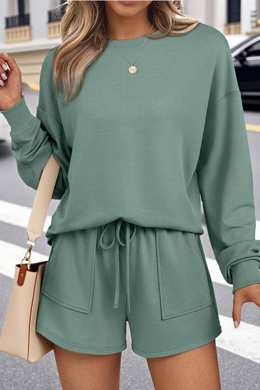 CWSTB00405_CREW NECK LONG SLEEVE SHORTS TWO-PIECE HOODIE SET