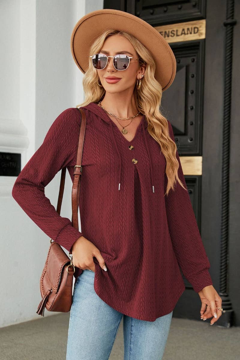 CWTBLL2794_FALL V-NECK HOODED LONG-SLEEVED KNIT TOP