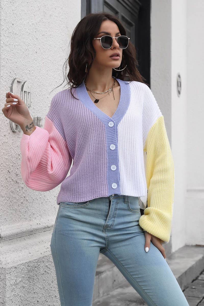 CWOCAL1225_CONTRAST COLOR LONG SLEEVE SHORT KNIT CARDIGAN