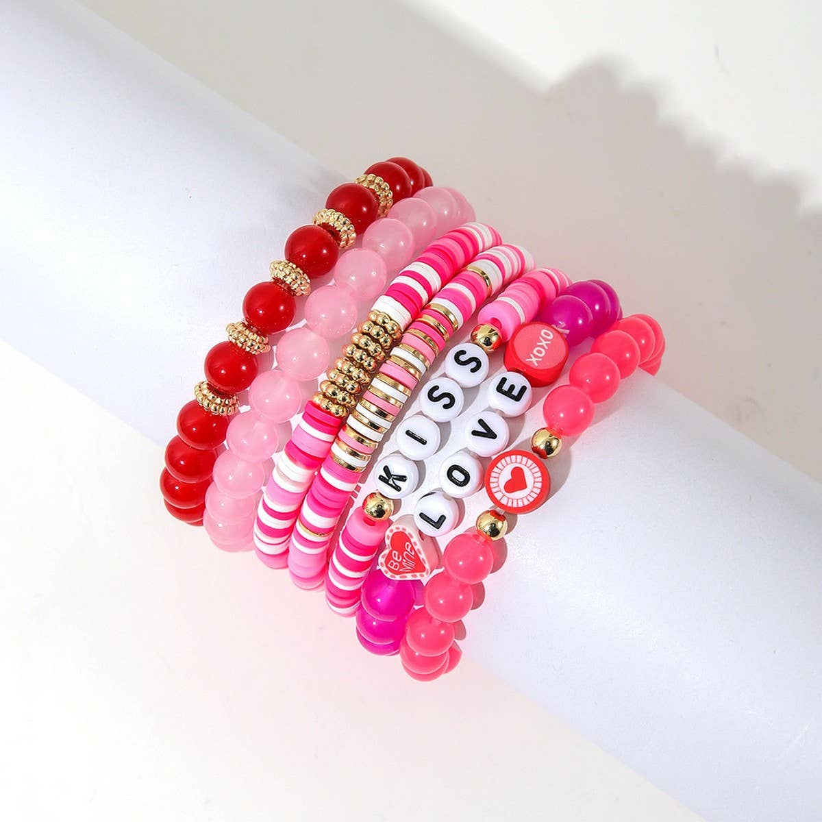 SWEET AND CUTE PINK HEART CLAY BRACELET SET