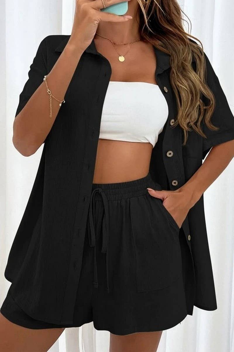 CWSS01309_FASHION SHORTS TWO PIECE SOLID COLOR SHIRT SET