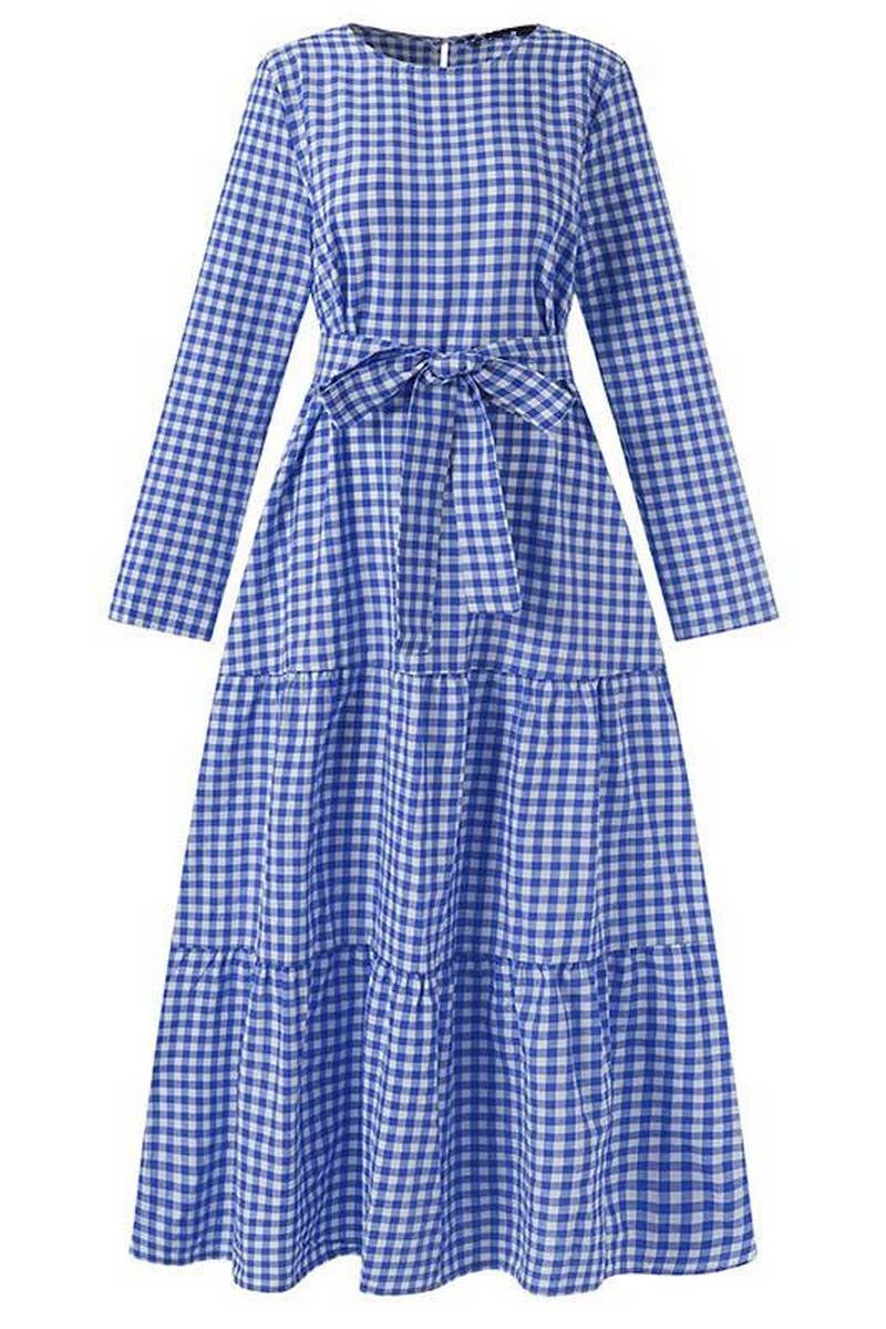 CWDMD3271_ROUND NECK PLAID BELT FULL SLEEVE MUSLIM DRESS