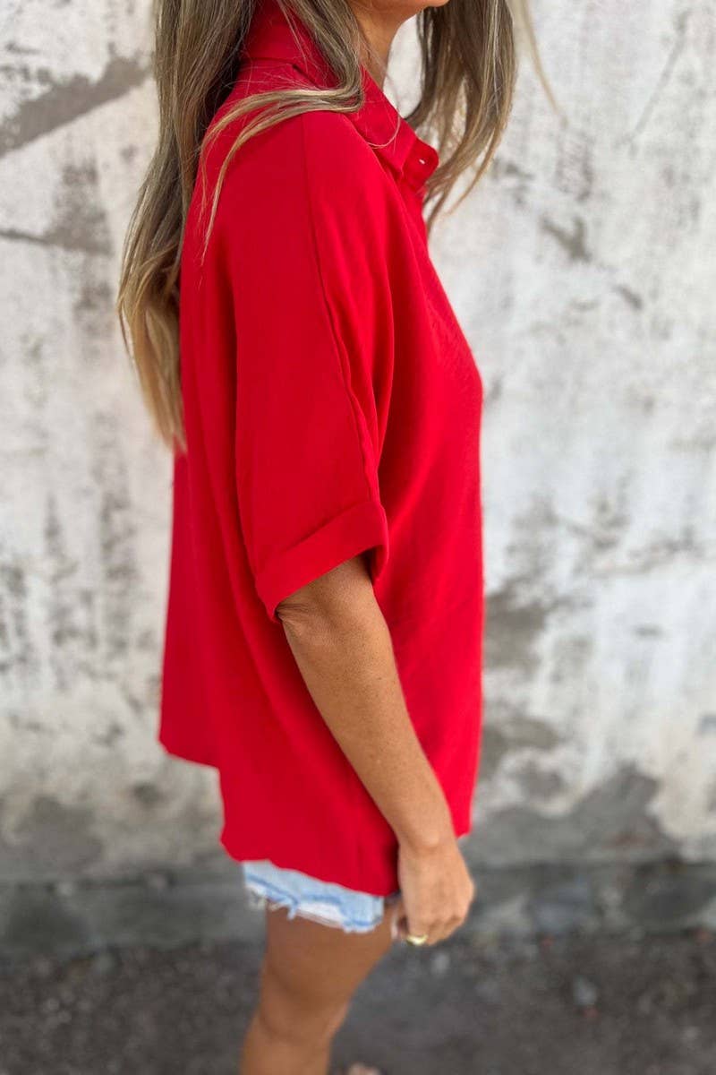 CWTBLS2329_SOLID CASUAL COLLARED BUTTON SHORT SLEEVE SHIRT