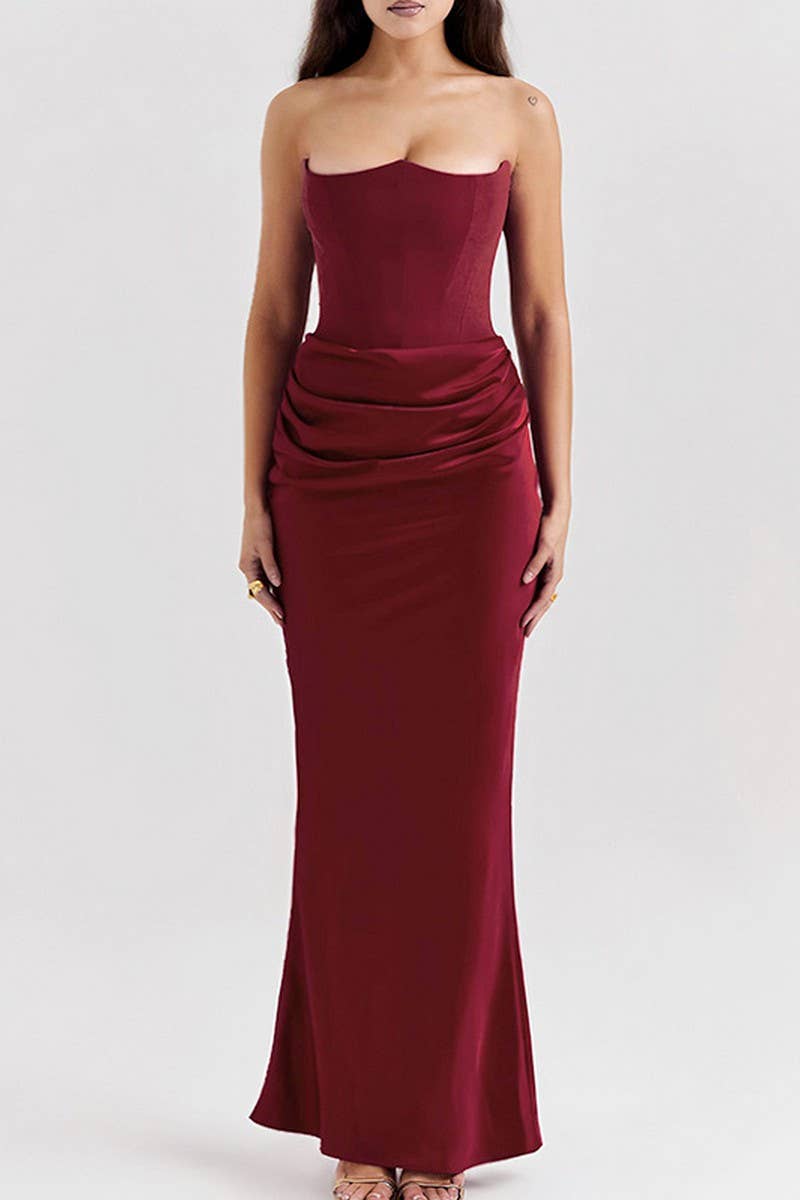 CWDTD0395_SOLID COLOR TUBE TOP PLEATED PATCHWORK DRESS