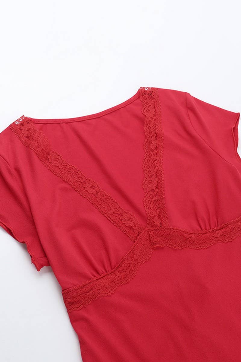 CWTBLS1929_LACE TRIM DEEP V SHORT SLEEVE SEXY TEE TOP