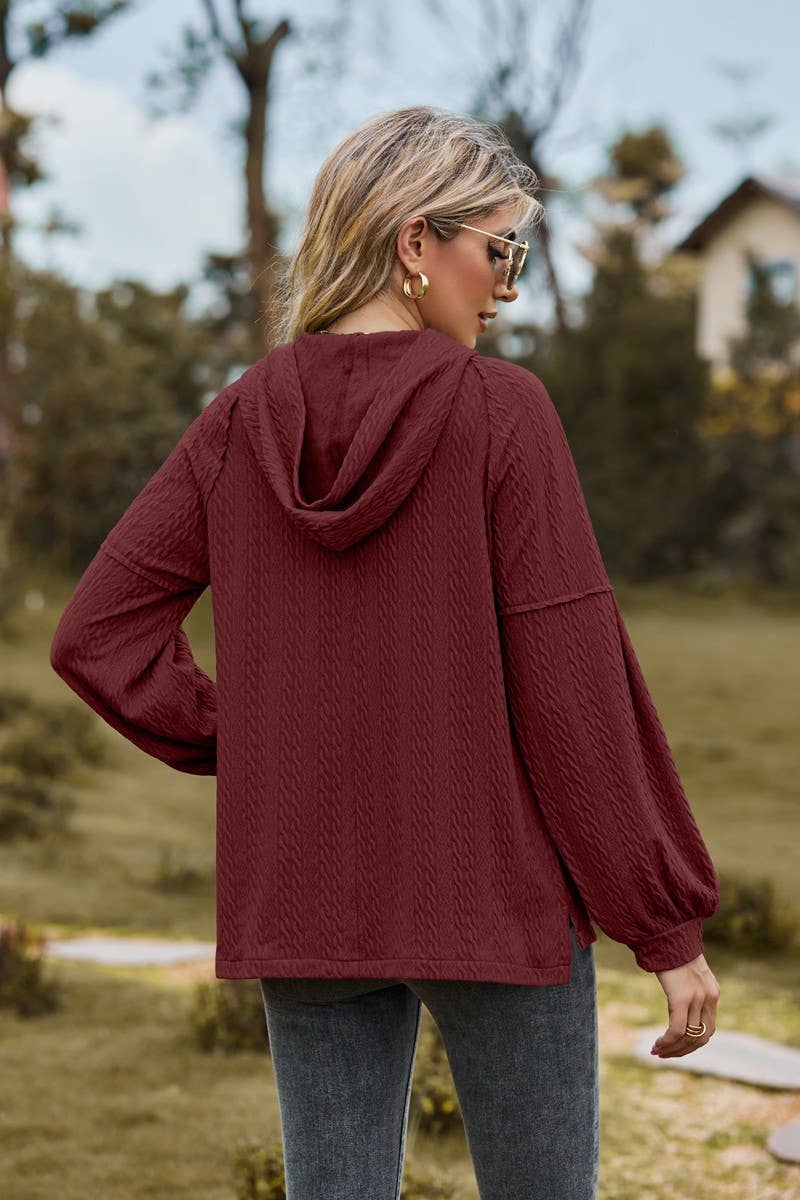 CWOHOL0738_BALLOON SLEEVE HOODED BUTTON LOOSE SWEATSHIRT