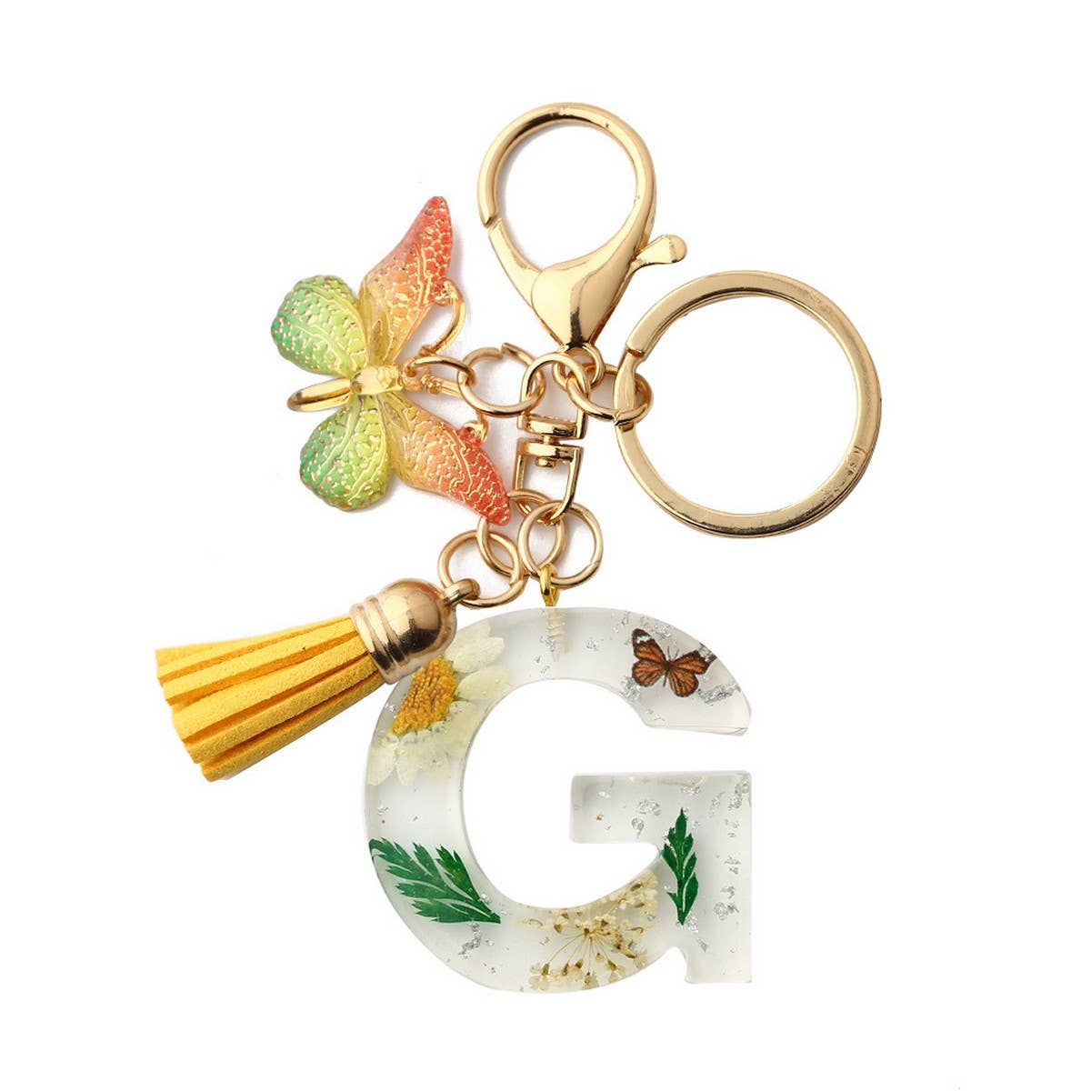 Flower Letter Keychain with Yellow Butterfly Charm_CWAB5090