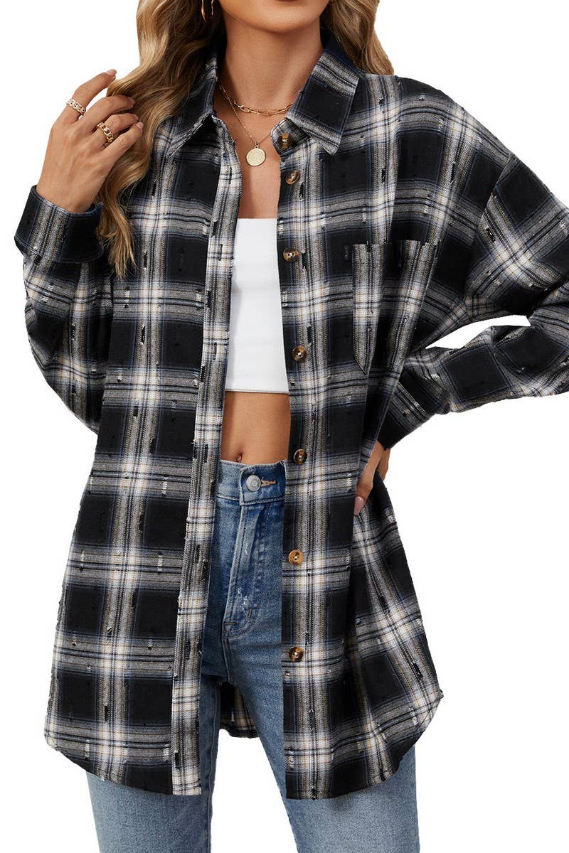 CWOBL0186_FLIP COLLAR VINTAGE CROCHET CHECKERED SHIRT