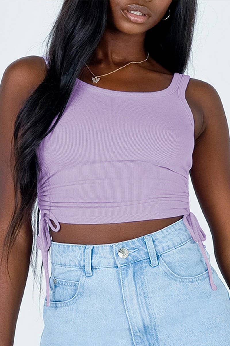 CWTTK0836_GATHERED RIBBED DRAWSTRING CROPPED TANK TOP