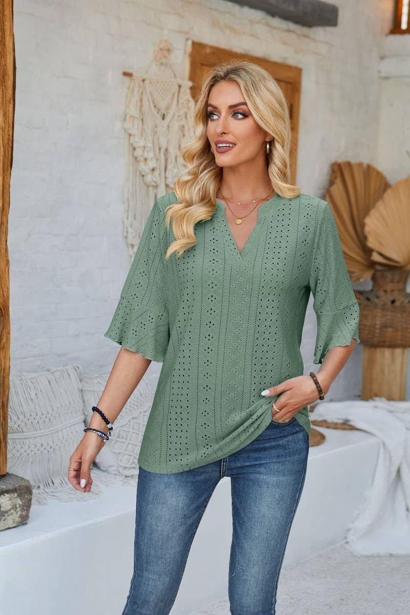 CWTTS00711_LOOSE V-NECK THREE-QUARTER SLEEVE TOP