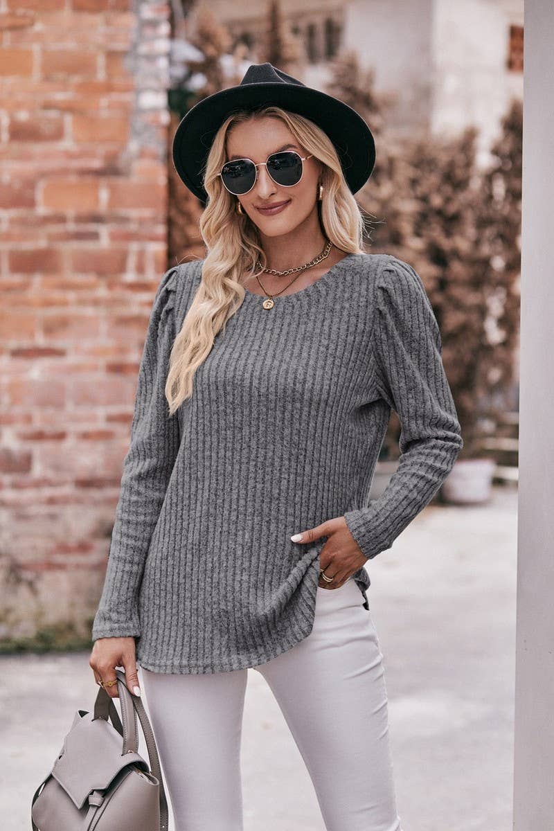 CWTBLL1832_ROUND NECK PUFF SLEEVE RIBBED SOLID COLOR TOP