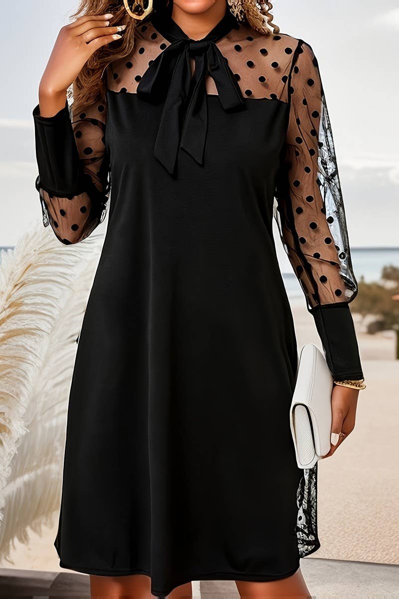 CWDMD01221_POLKA DOT MESH BOW LONG SLEEVE DRESS